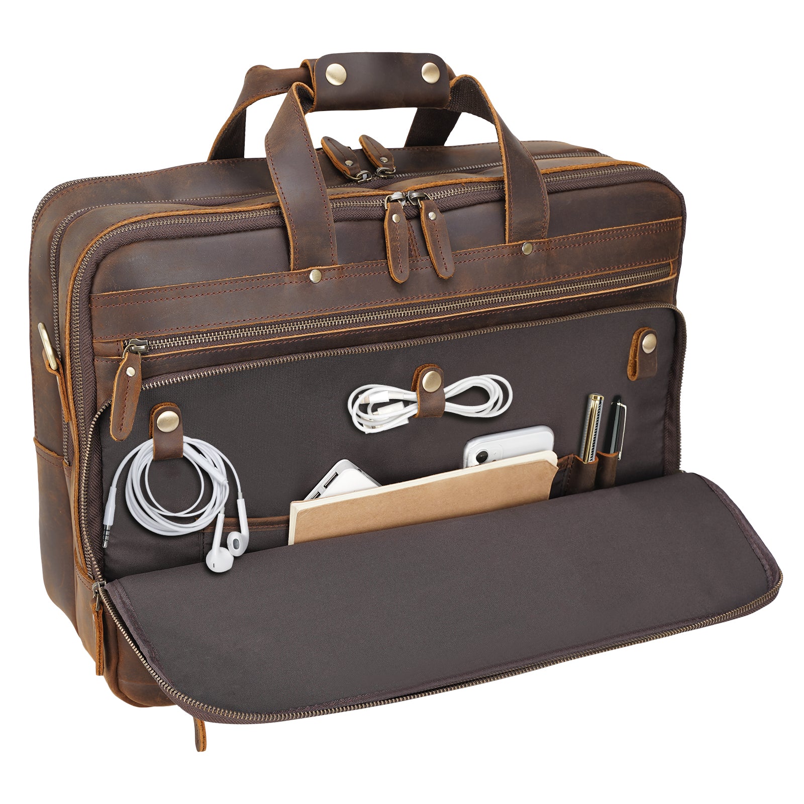 Polare 18" Large Full Grain Leather Briefcase Business Laptop Case Messenger Bag (Brown,Functional Front Pocket)