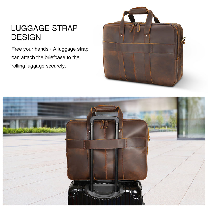 Polare 18" Large Full Grain Leather Briefcase Business Laptop Case Messenger Bag (Brown,Back)