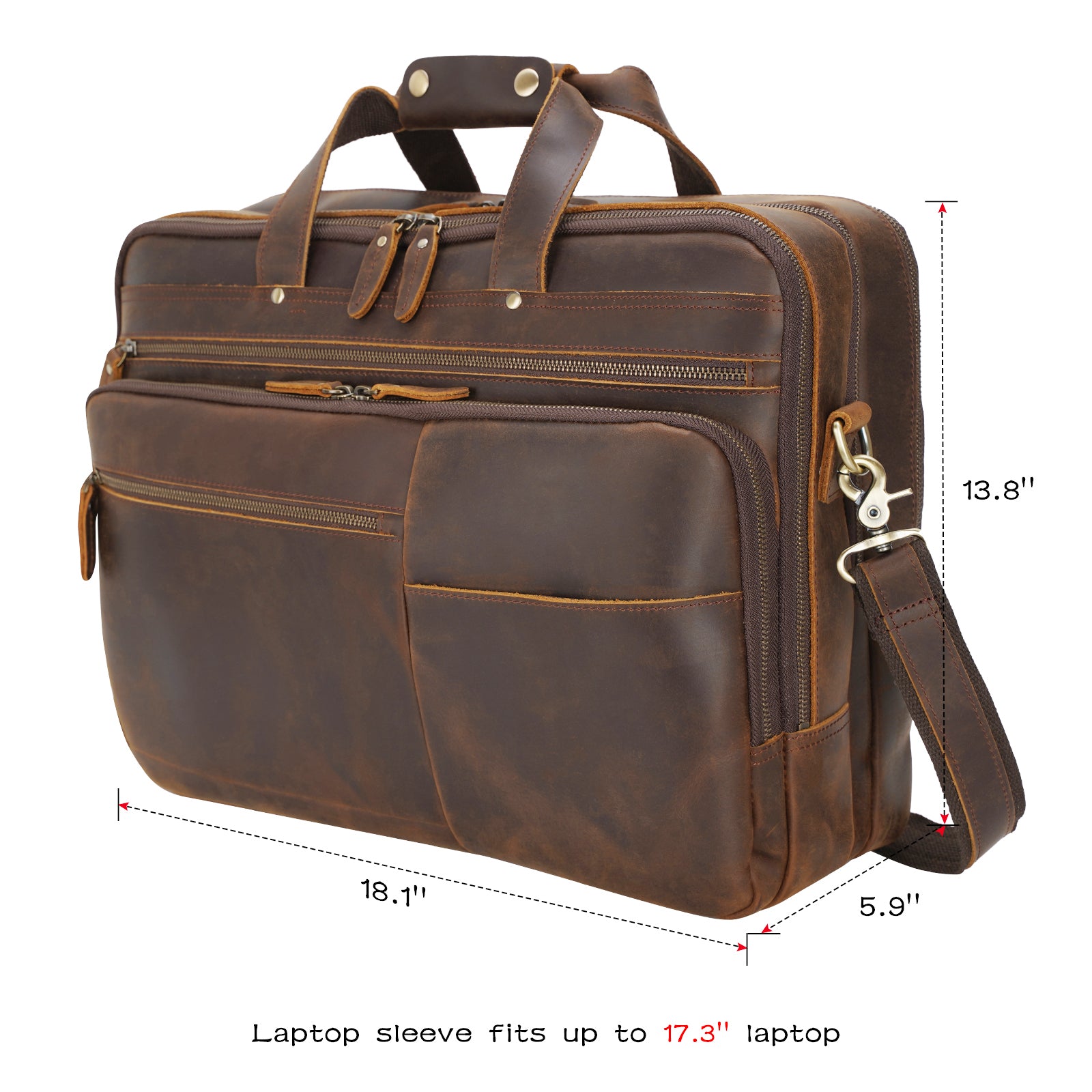 Polare 18" Large Full Grain Leather Briefcase Business Laptop Case Messenger Bag (Brown,Dimension)