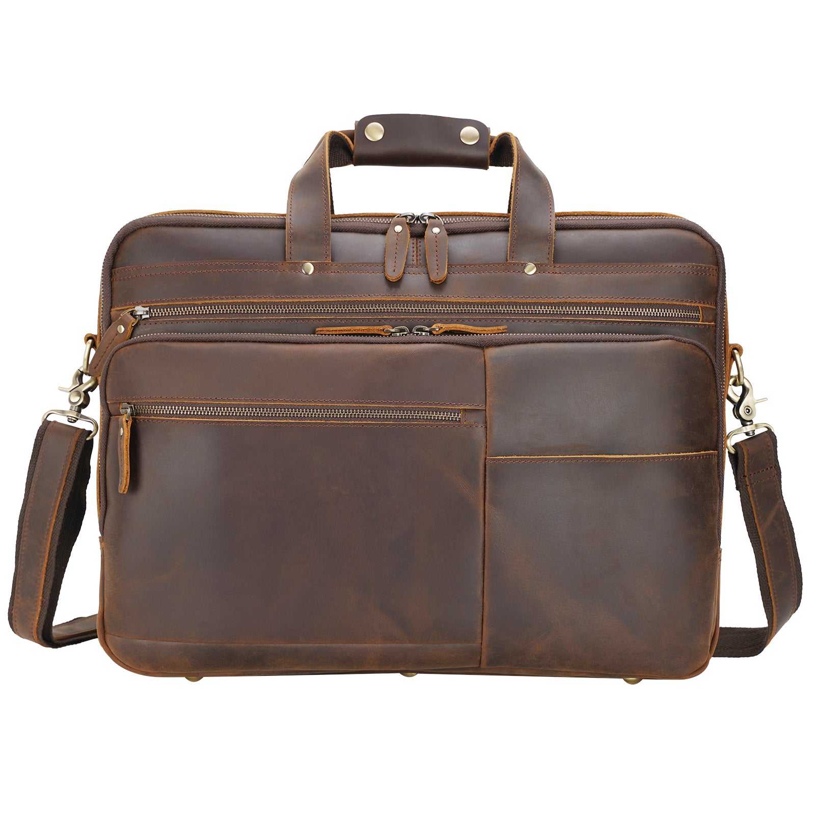 Polare 18" Large Full Grain Leather Briefcase Business Laptop Case Messenger Bag (Brown,Front)