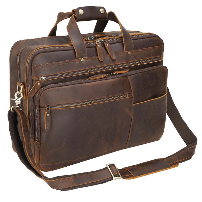 Polare 18" Large Full Grain Leather Briefcase Business Laptop Case Messenger Bag (Brown)