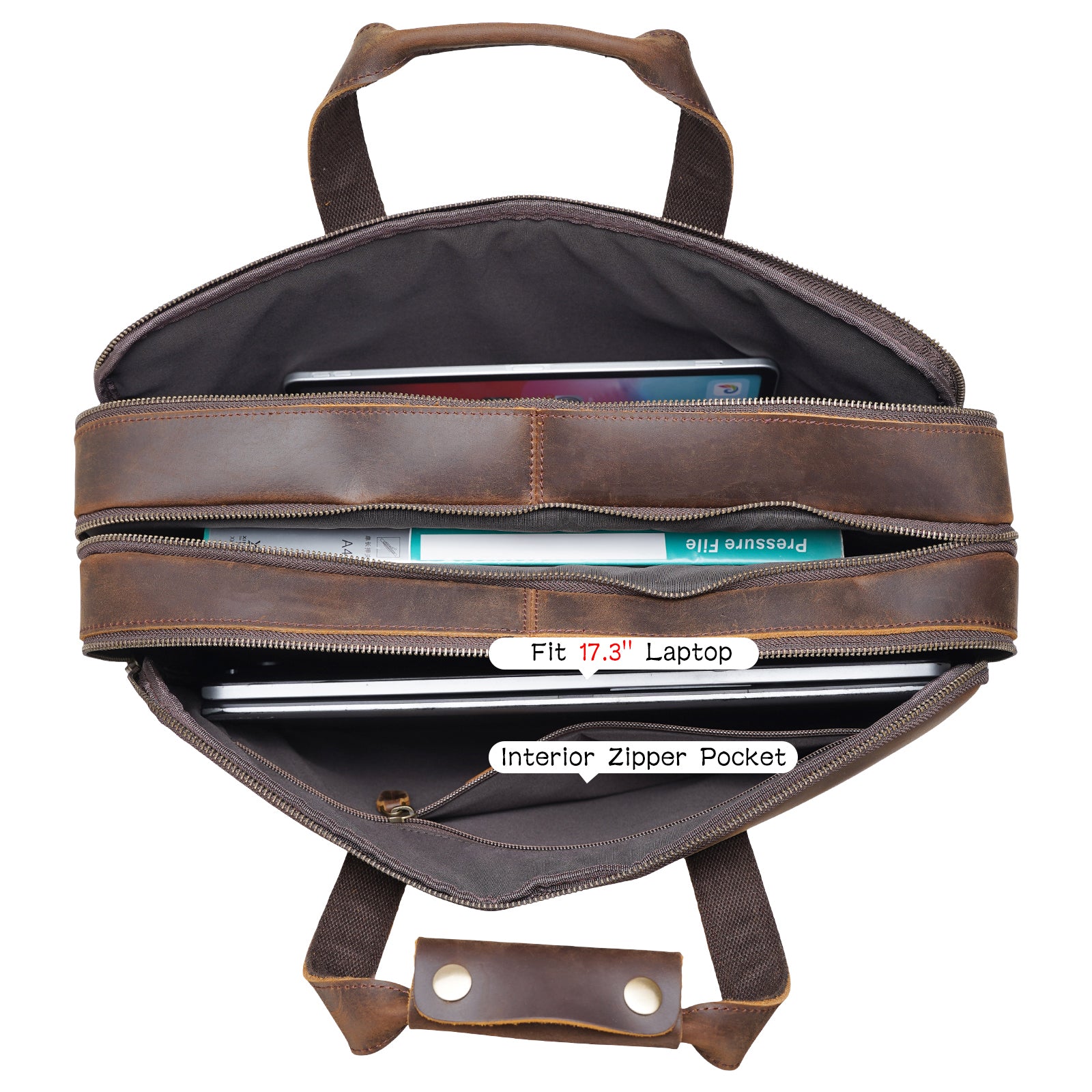Polare 18" Large Full Grain Leather Briefcase Business Laptop Case Messenger Bag (Brown,Inside)