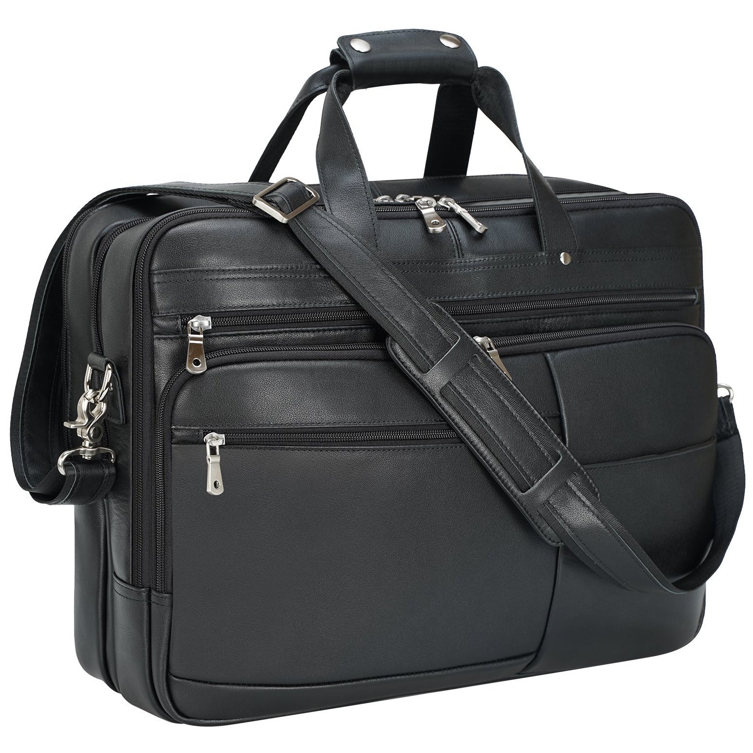 Polare 18" Large Full Grain Leather Briefcase Business Laptop Case Messenger Bag (Black)