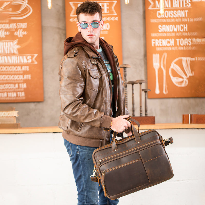 Polare 18" Large Full Grain Leather Briefcase Business Laptop Case Messenger Bag (Brown,Model Display)