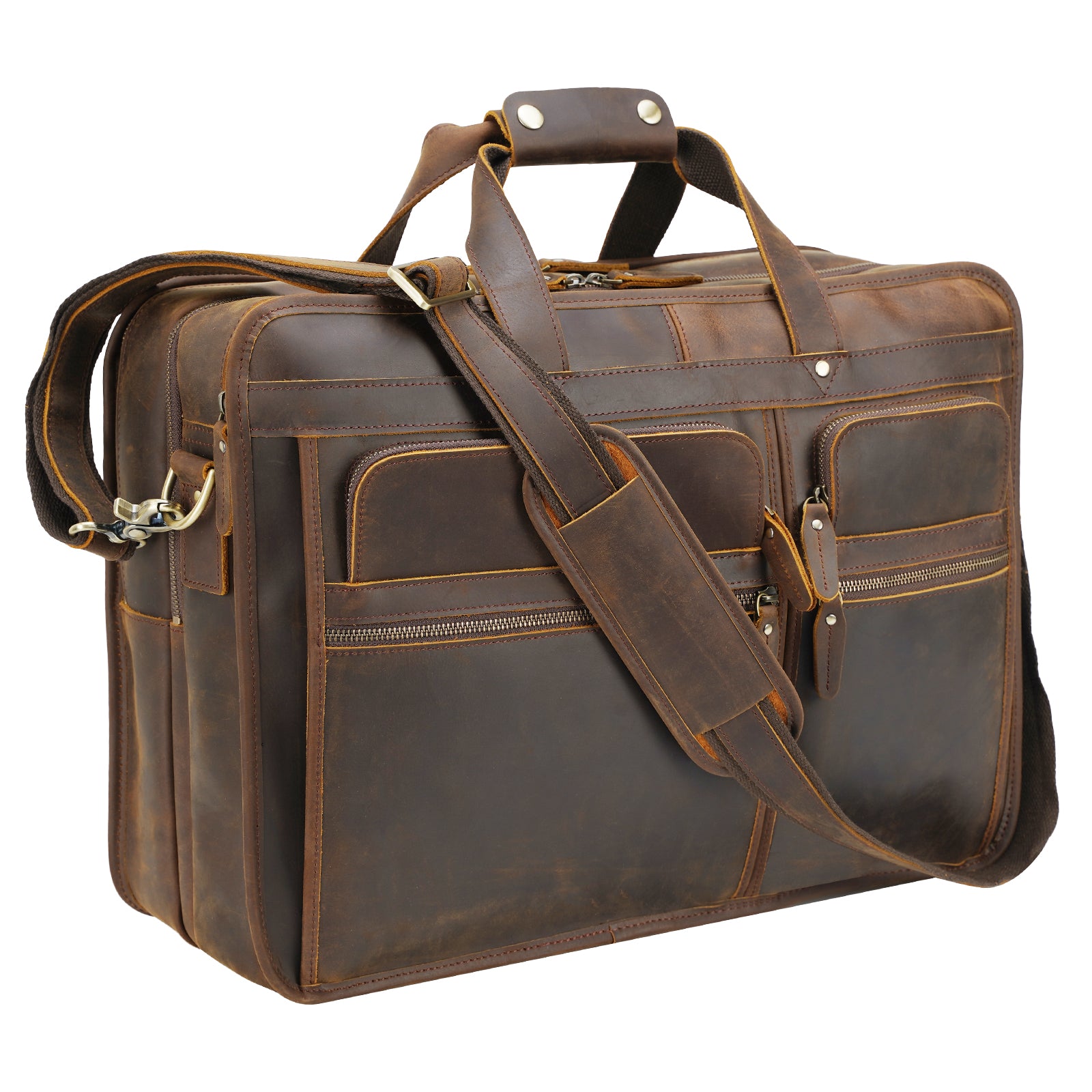 Polare 18.5” Full Grain Leather Laptop Briefcase Messenger Bag Tote (Dark Brown)
