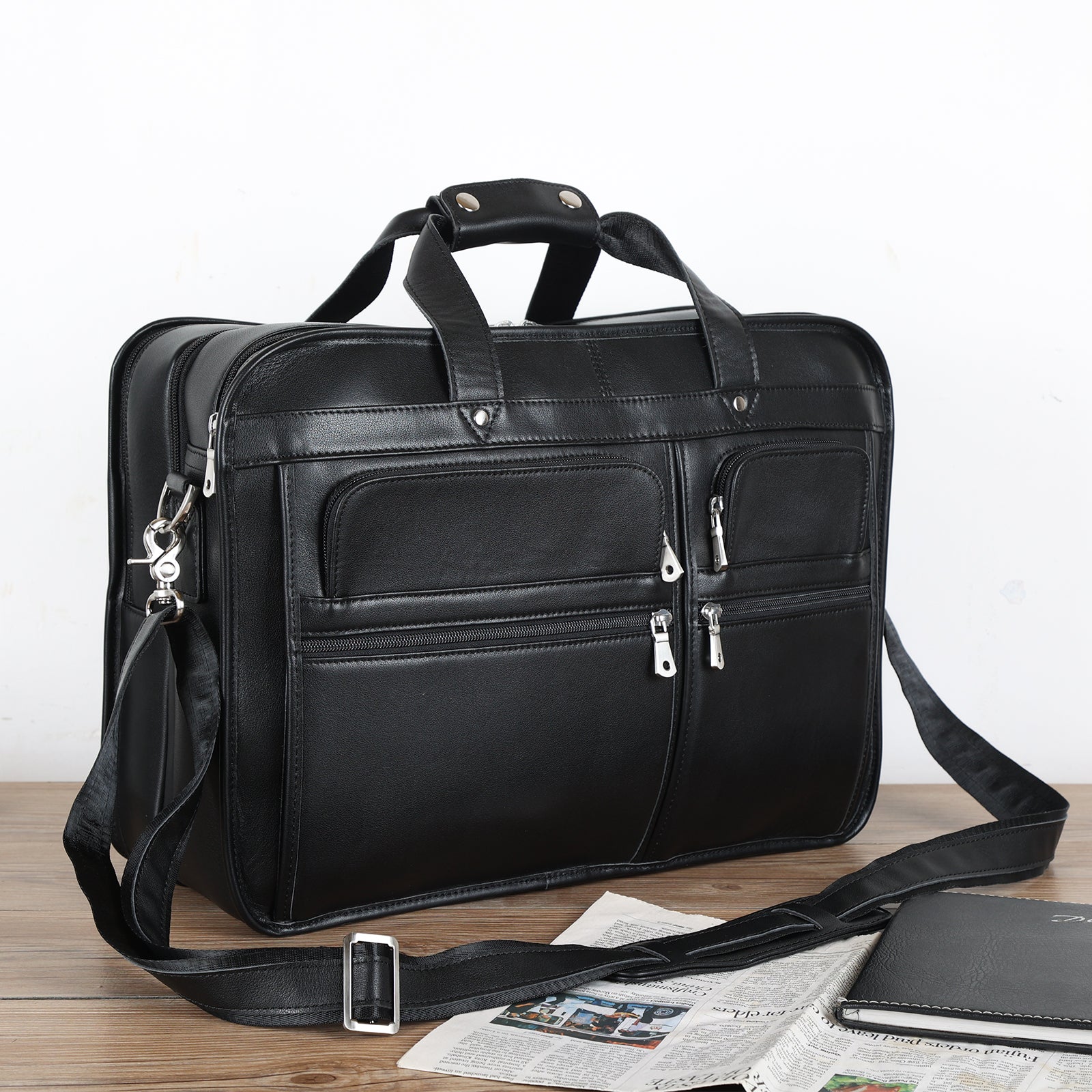 Polare 18.5” Full Grain Leather Laptop Briefcase Messenger Bag Tote (Black, Scenario Shows)