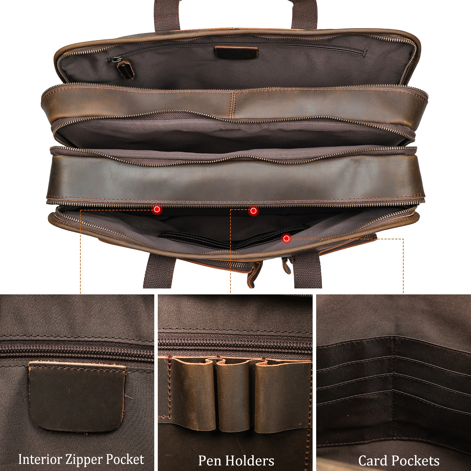 Polare 18.5” Full Grain Leather Laptop Briefcase Messenger Bag Tote (Inside)