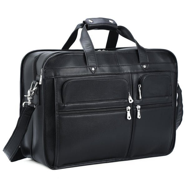 Polare 18.5” Full Grain Leather Laptop Briefcase Messenger Bag Tote (Black)