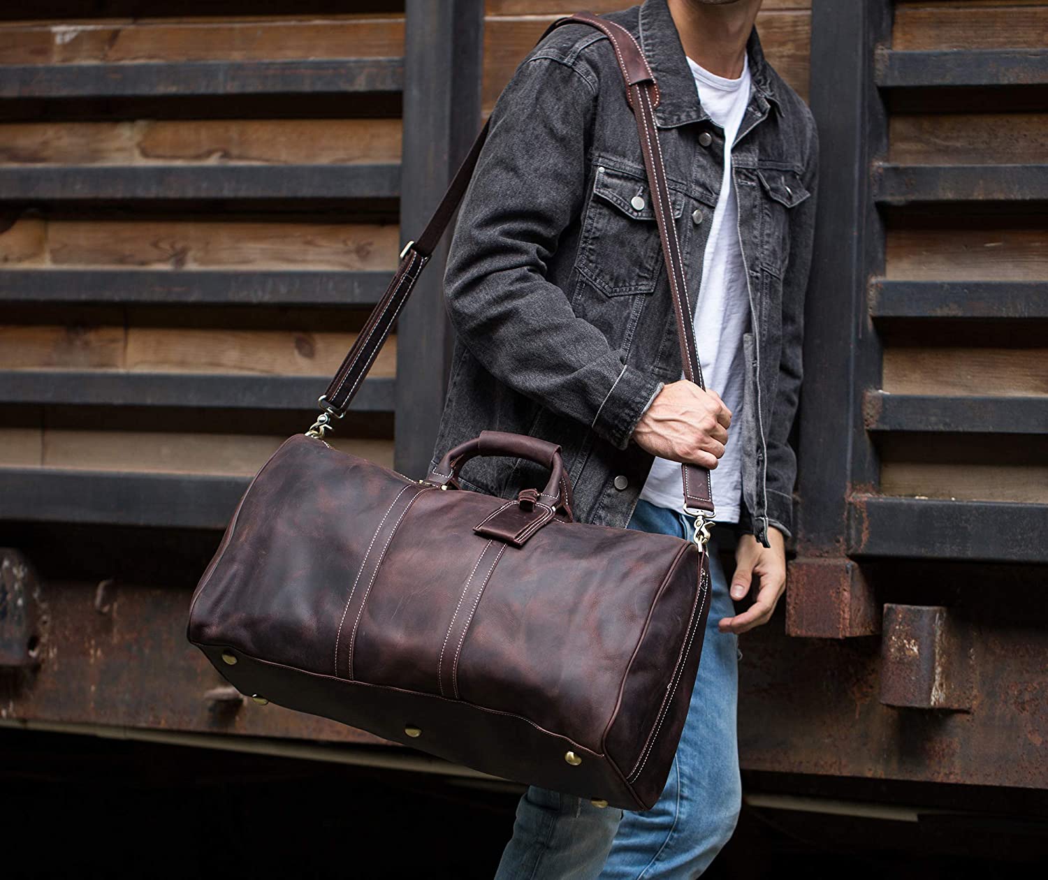Polare 23'' Classic Full Grain Leather Travel Duffel Weekender Bag  Overnight Duffle Bag For Men