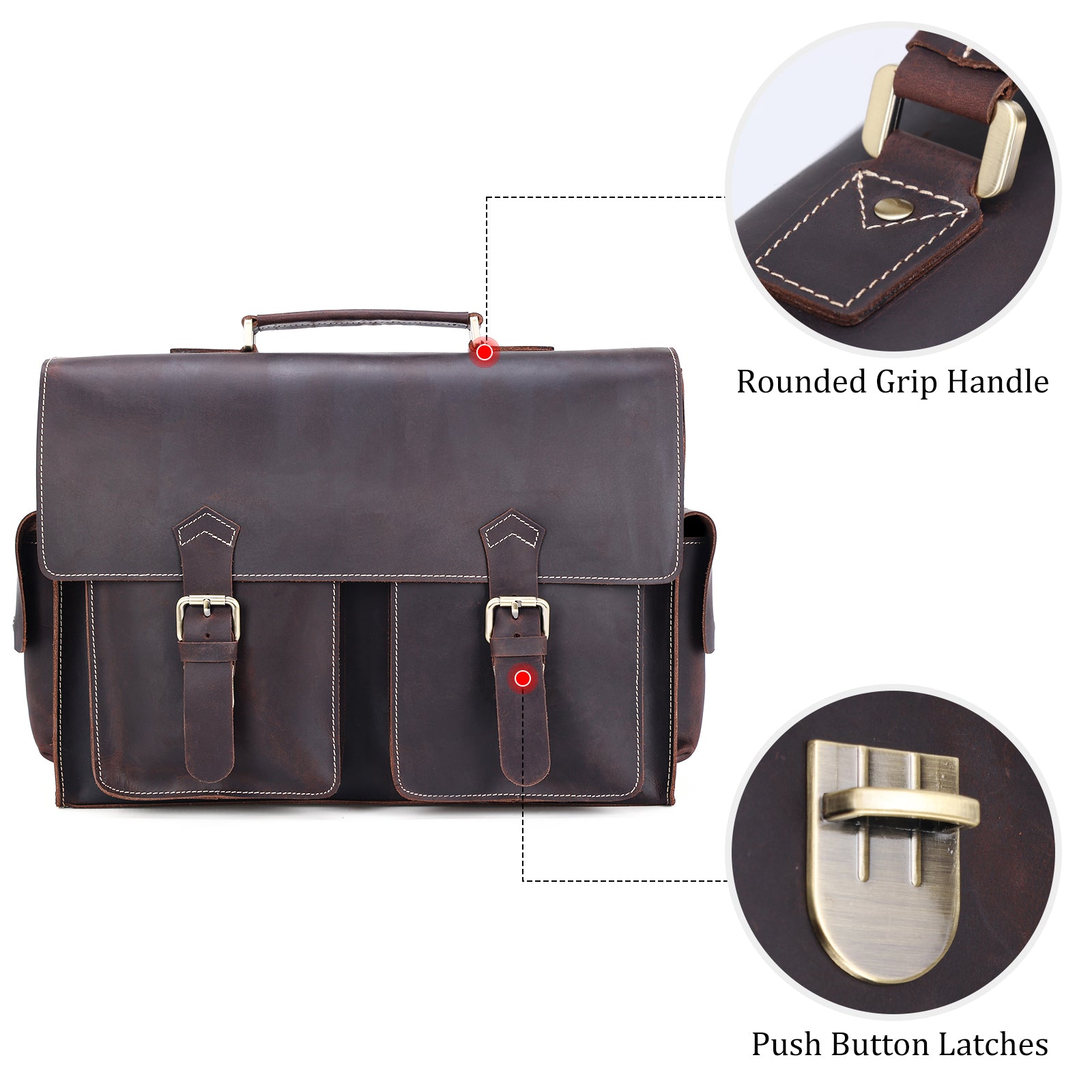 Polare Mens Leather Laptop Briefcase Business Messenger Bag (Dark Brown, Hardware)