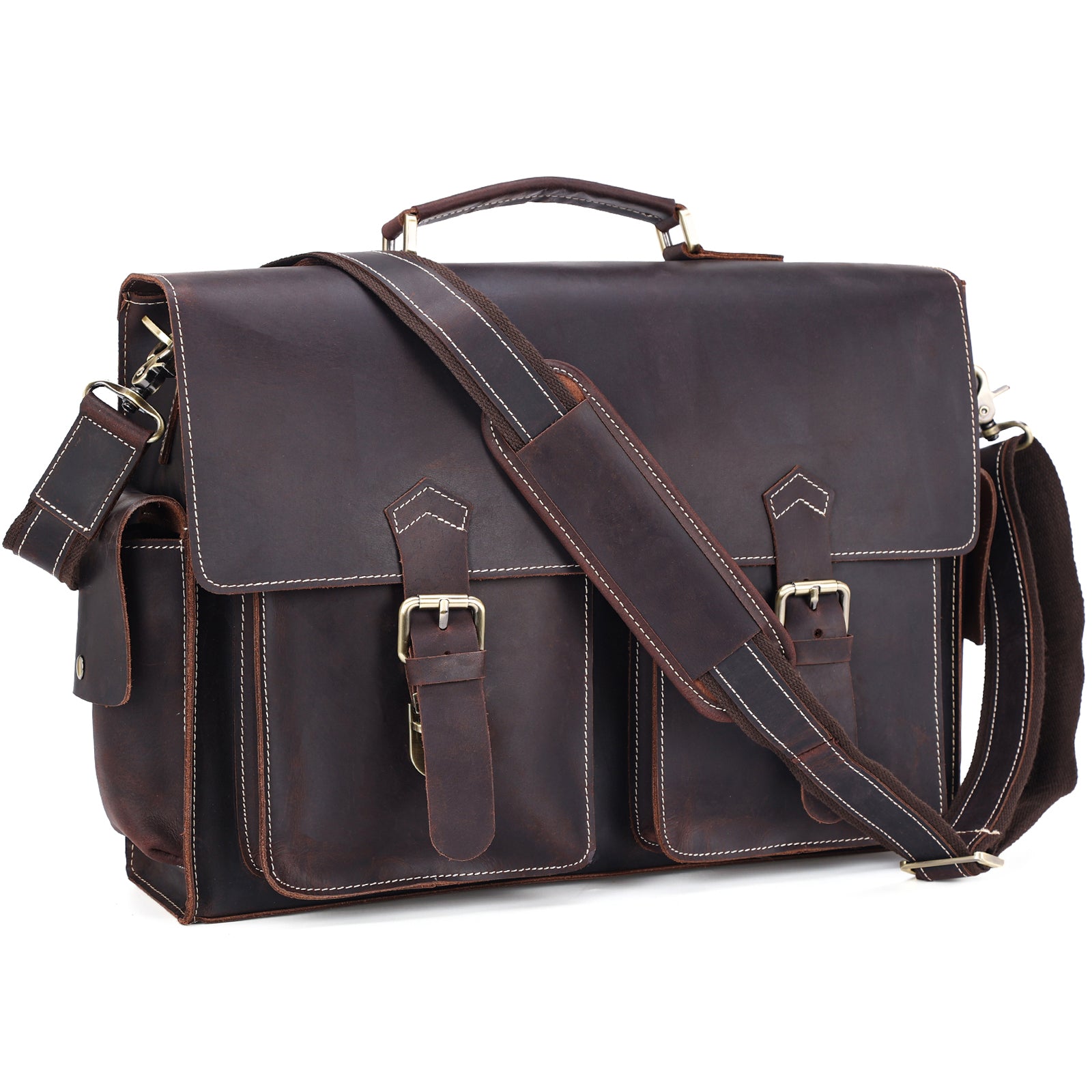 Polare Mens Leather Laptop Briefcase Business Messenger Bag (Dark Brown)