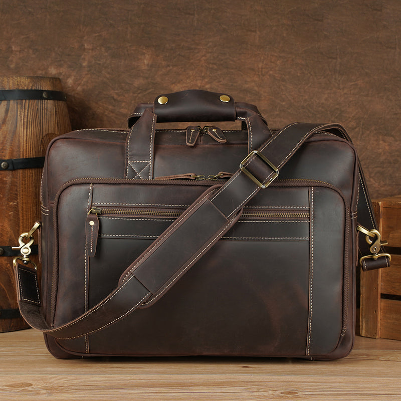 Polare 17" Full Grain Leather Briefcase Business Travel Laptop (Dark Brown)