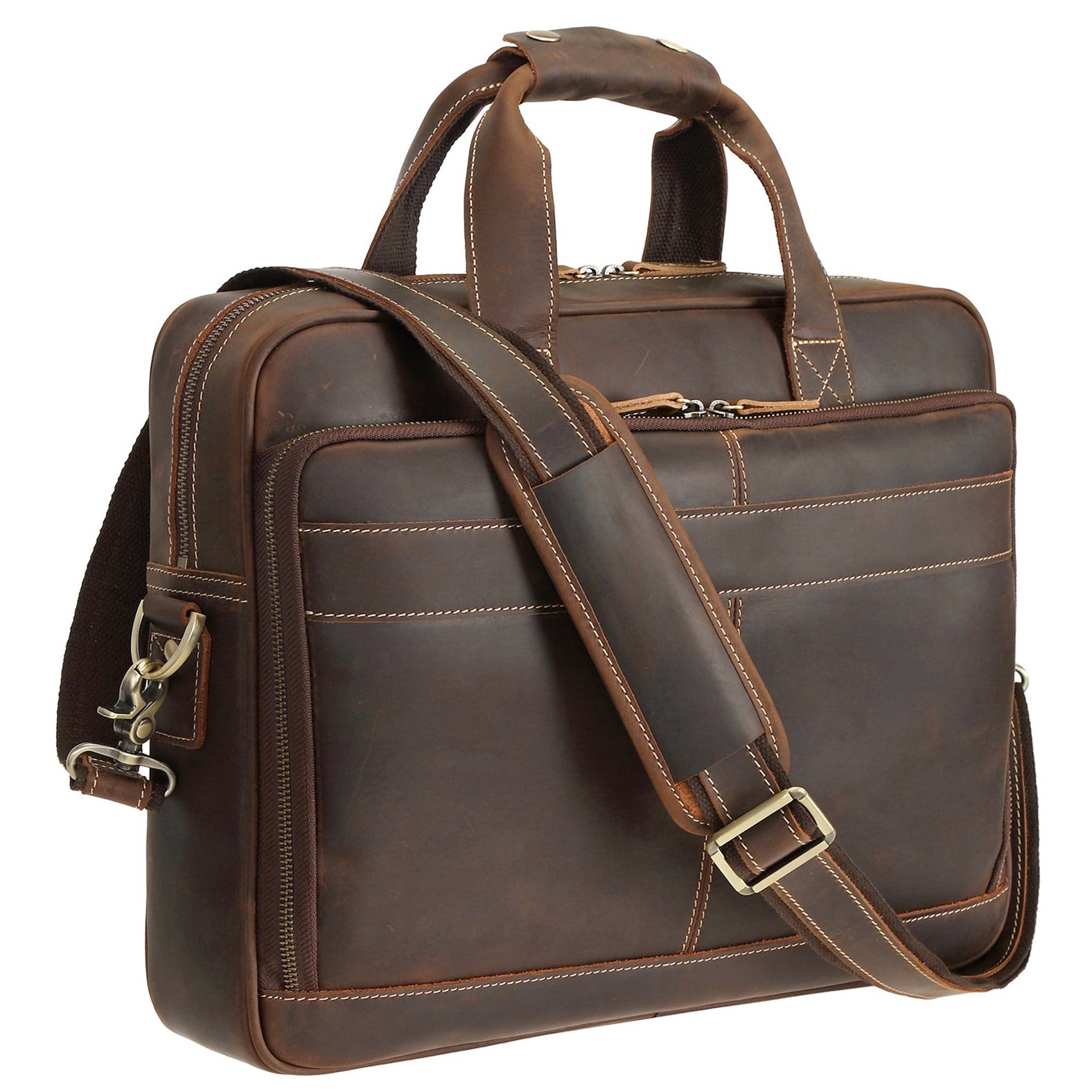 Polare Full Grain Leather 16.5'' Laptop Bag Briefcase for Men (Dark Brown)