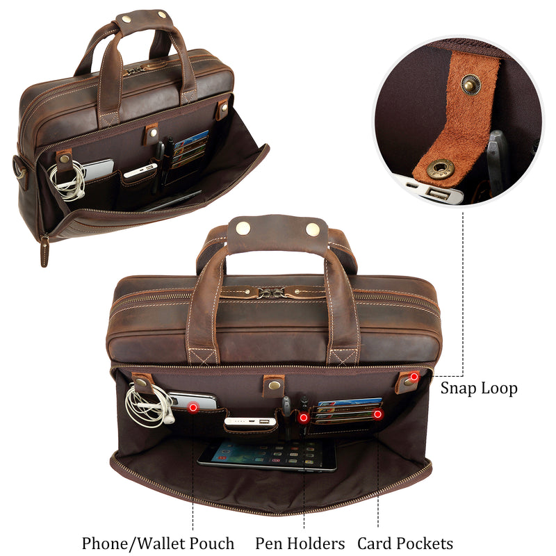 Polare Full Grain Leather 16.5'' Laptop Bag Briefcase for Men （Front Pockets）