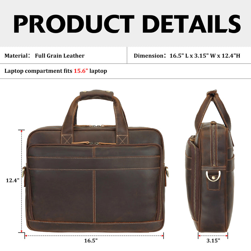 Polare Full Grain Leather 16.5'' Laptop Bag Briefcase for Men (Dimension)