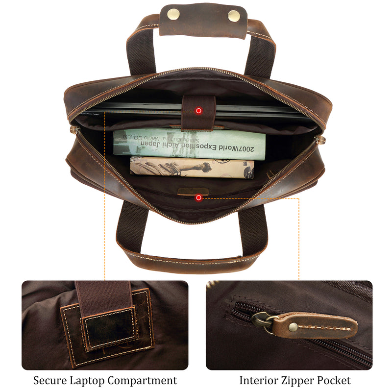 Polare Full Grain Leather 16.5'' Laptop Bag Briefcase for Men (Inside)
