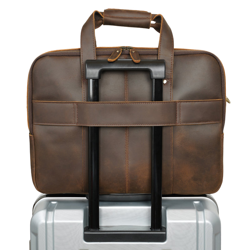 Polare Full Grain Leather Briefcase Travel Messenger Bag Fits 15.6" Laptop (Back)