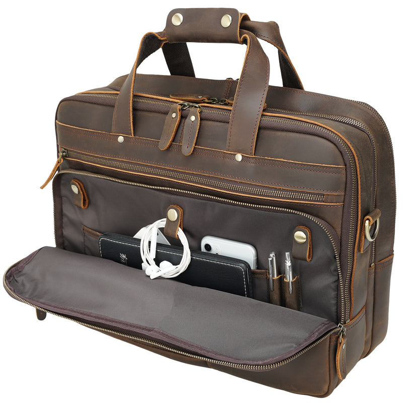 Polare Full Grain Leather Briefcase Travel Messenger Bag Fits 15.6" Laptop (Front Pocket)