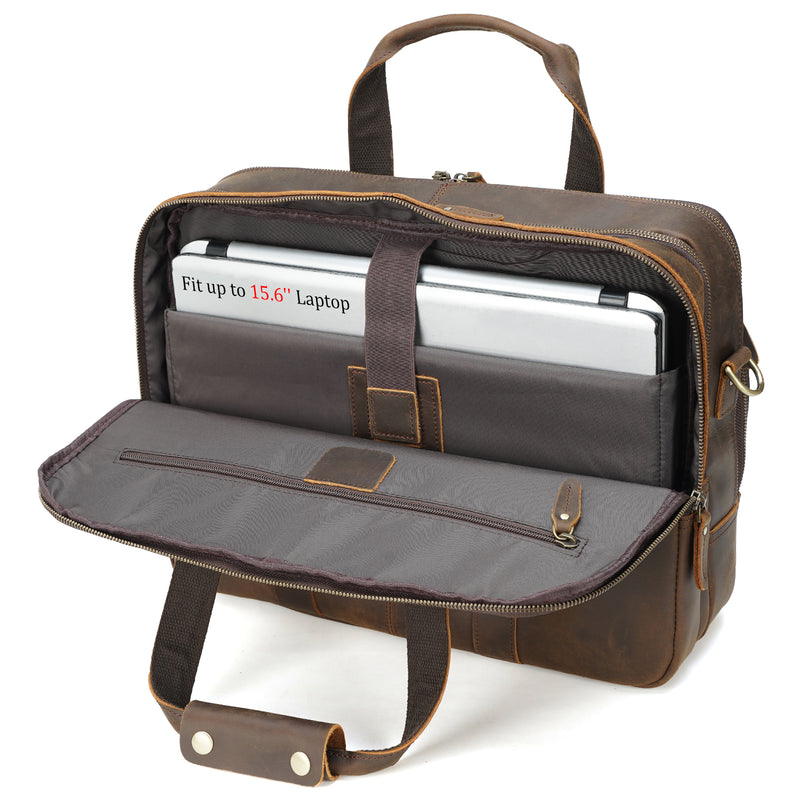 Polare Full Grain Leather Briefcase Travel Messenger Bag Fits 15.6" Laptop (Laptop Sleeve)