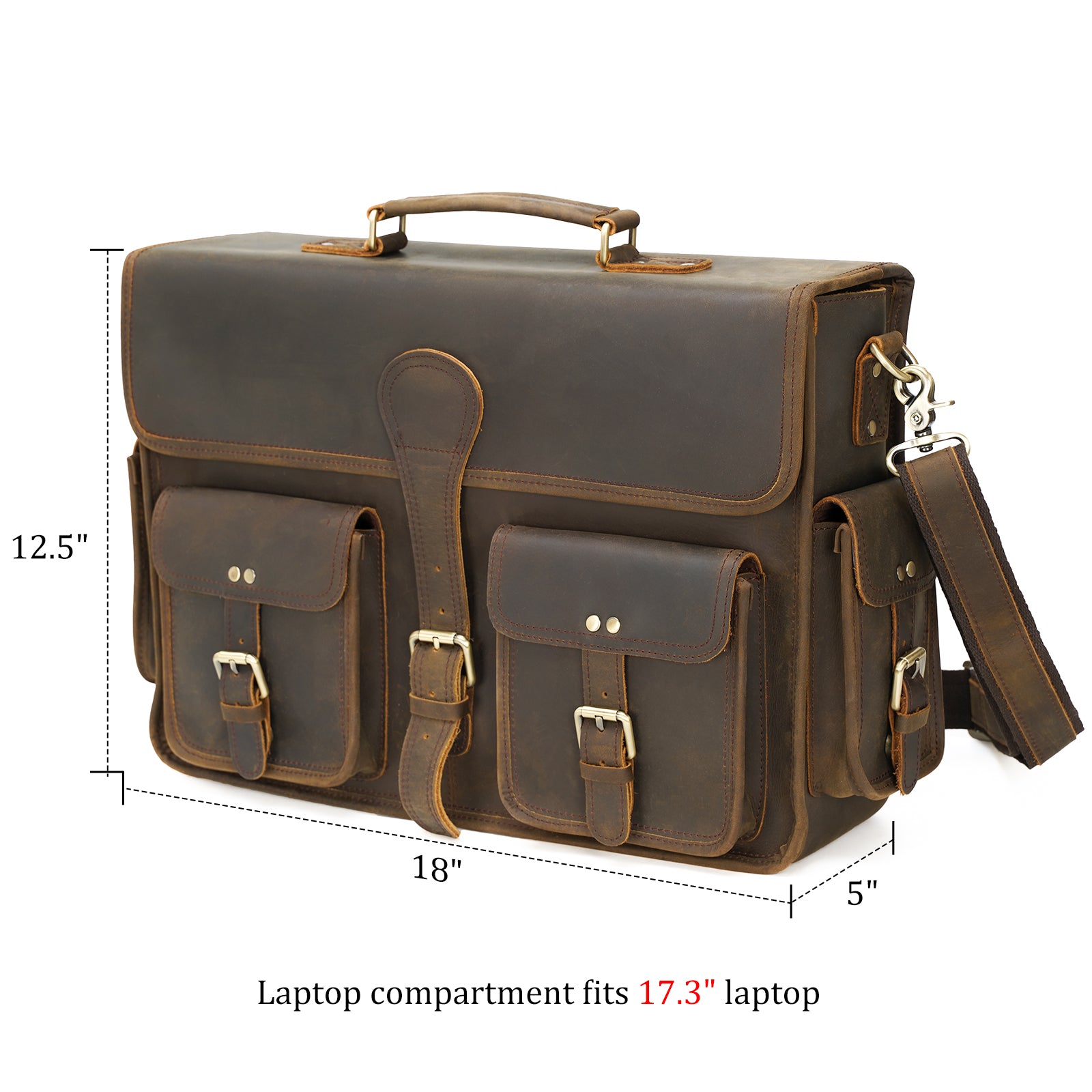 Polare Cowhide Leather 17'' Laptop Large Black Briefcase for Men Busin