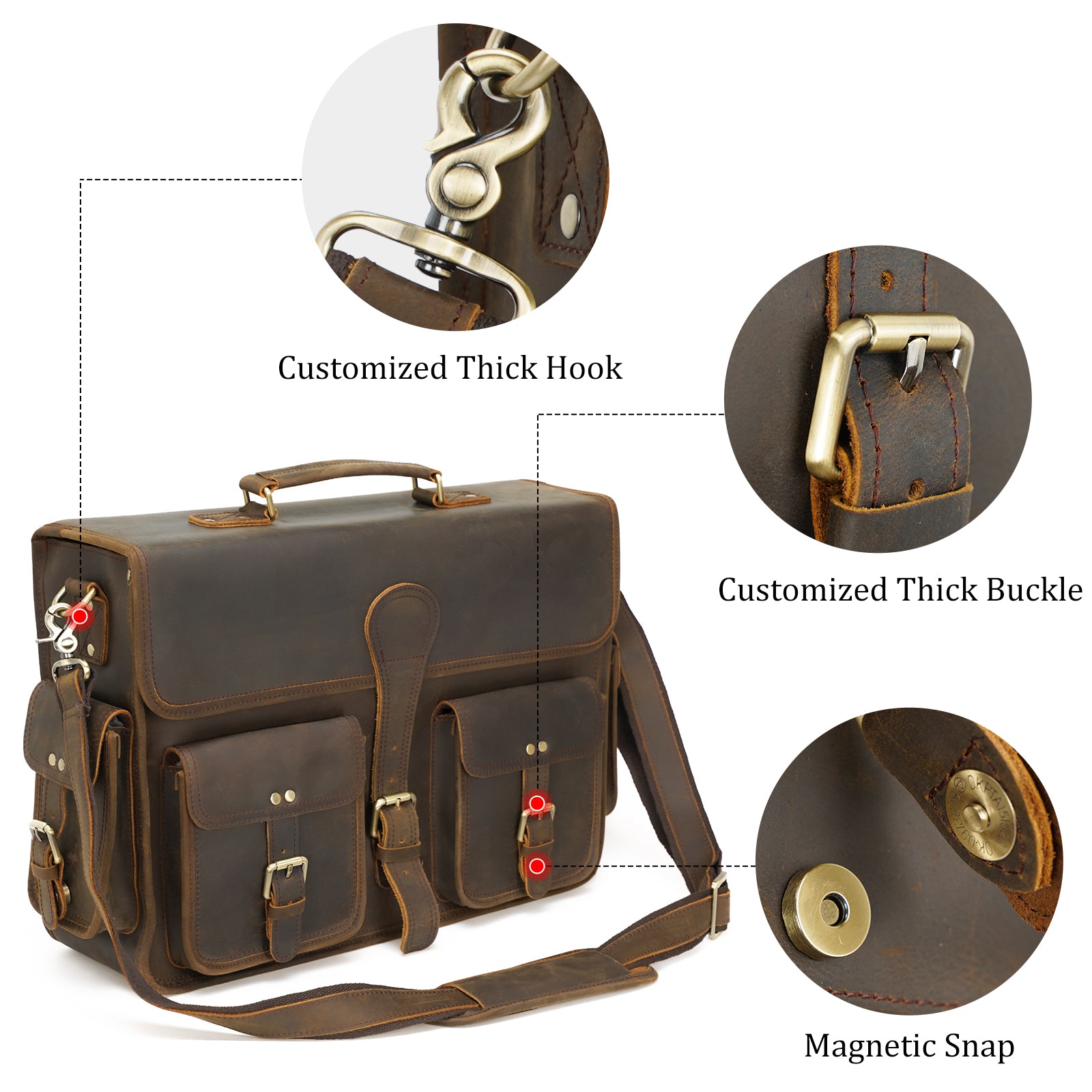 18" Full Grain Leather Laptop Briefcase Vintage Business Bag For Men (Details)