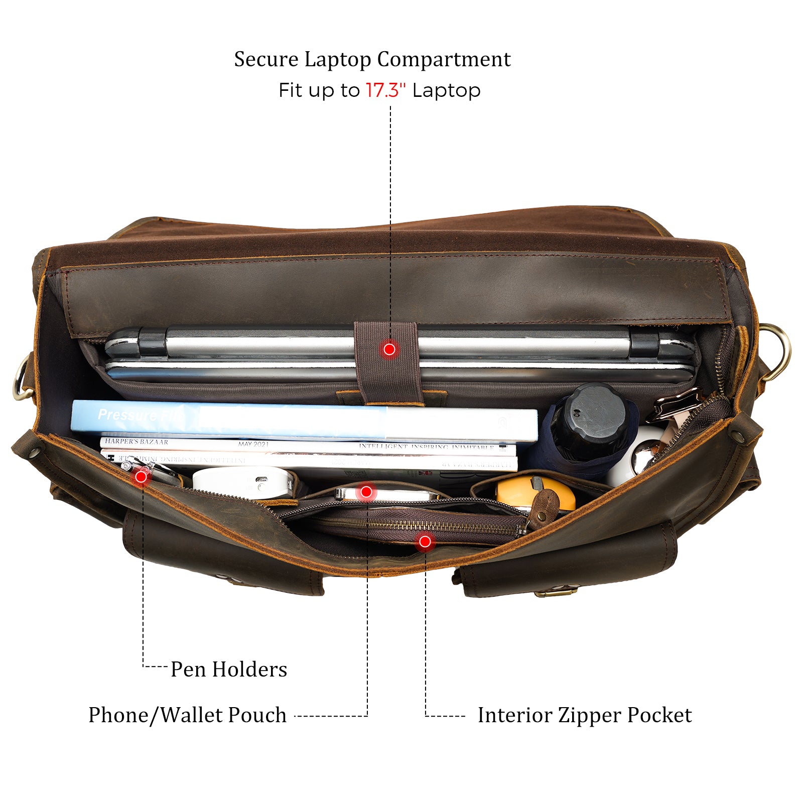 18" Full Grain Leather Laptop Briefcase Vintage Business Bag For Men (Inside)