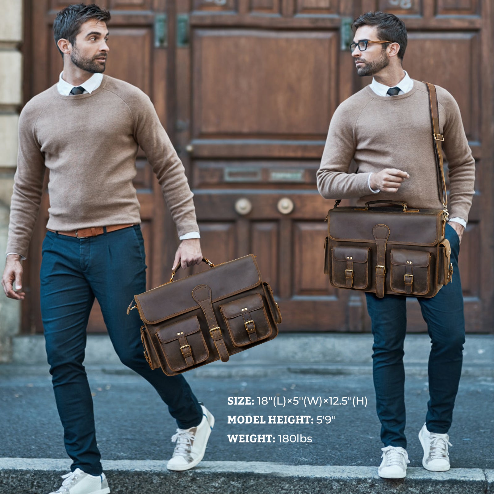 18" Full Grain Leather Laptop Briefcase Vintage Business Bag For Men (Model Display)