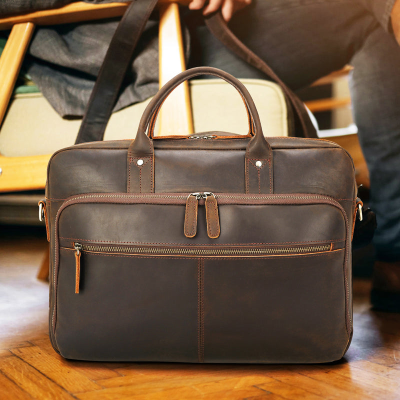 Full Grain Cowhide Leather 17.5" Business Travel Laptop Briefcase For Men (Scenario Shows)