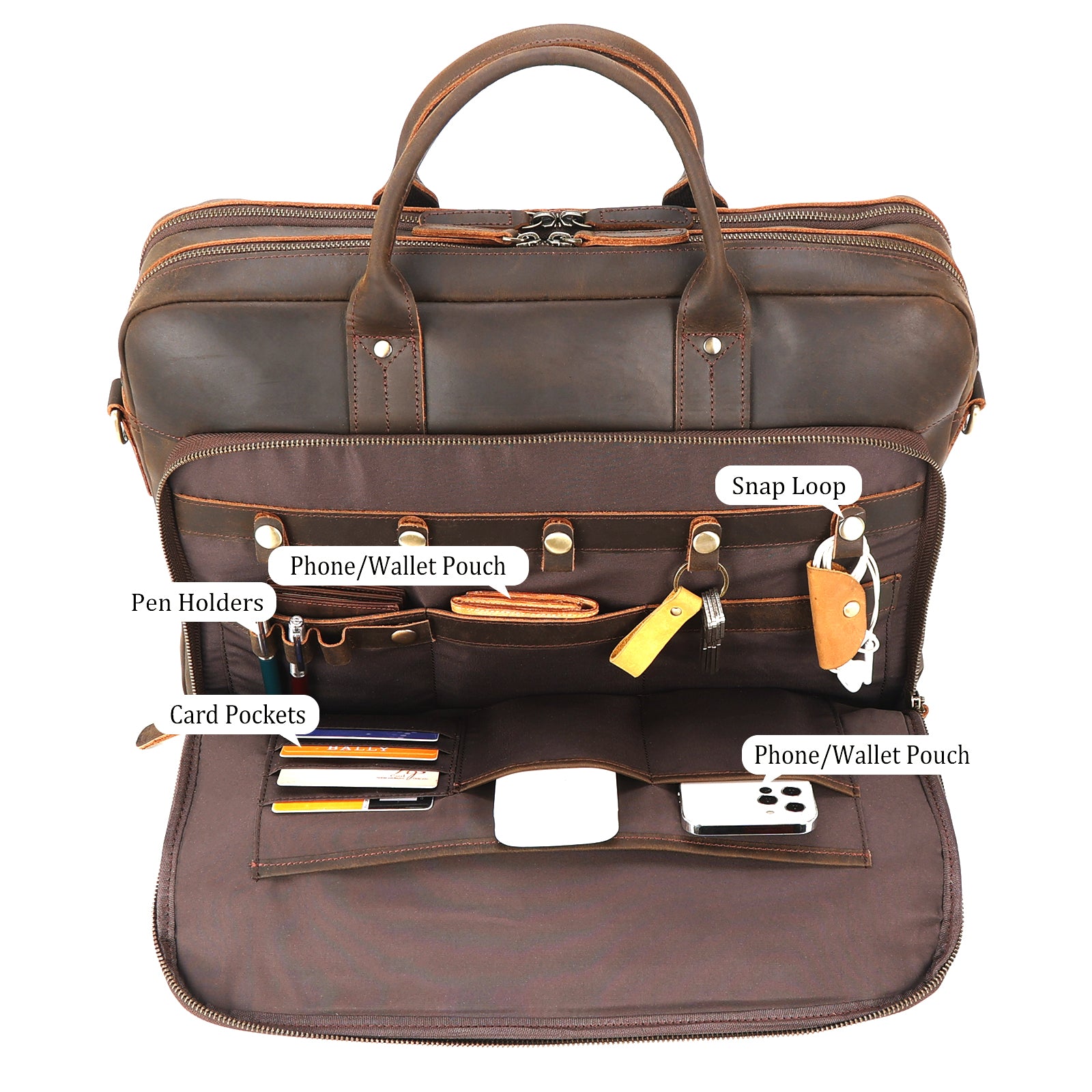Full Grain Cowhide Leather 17.5" Business Travel Laptop Briefcase For Men (Front Pocket)