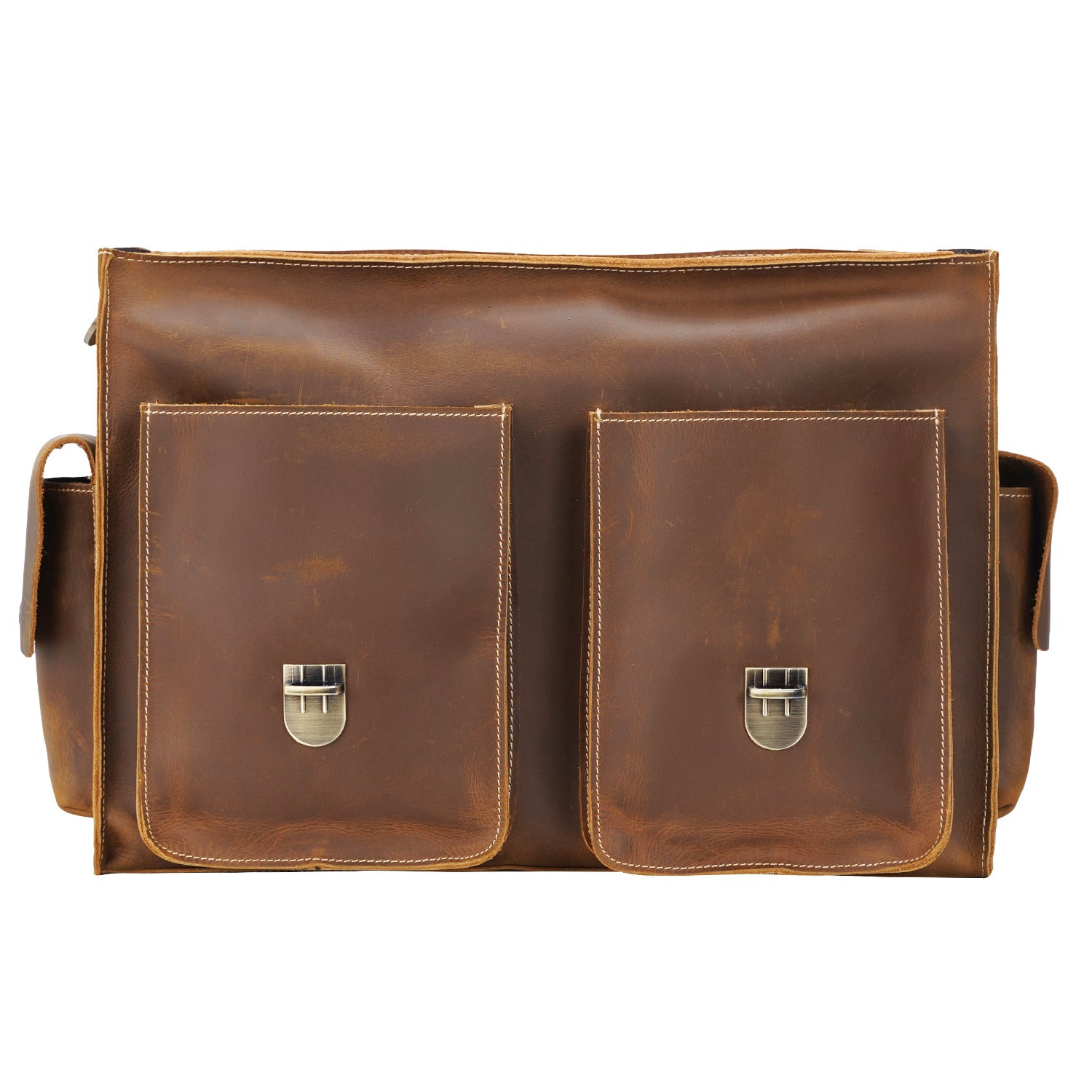 Polare Mens Leather Laptop Briefcase Business Messenger Bag (Light Brown, Front Pockets)