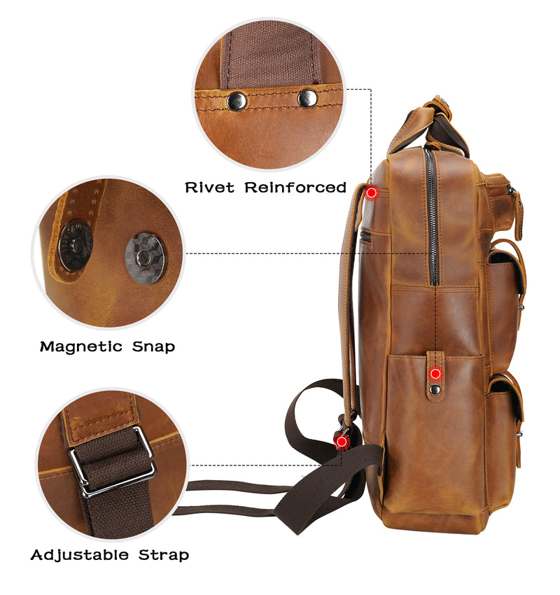 Polare Real Leather Vintage Laptop Backpack Shoulder Bag (Light Brown, Profile)