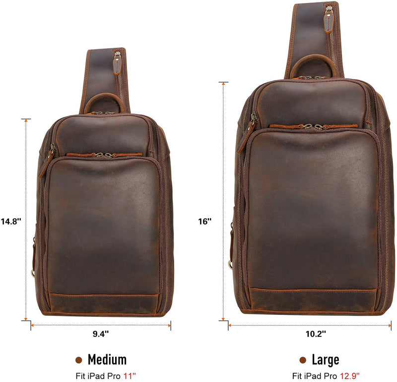 Polare Full Grain Leather Modern Style Sling Shoulder Bag Travel/Hiking Daypack (Dark Brown,Dimension)