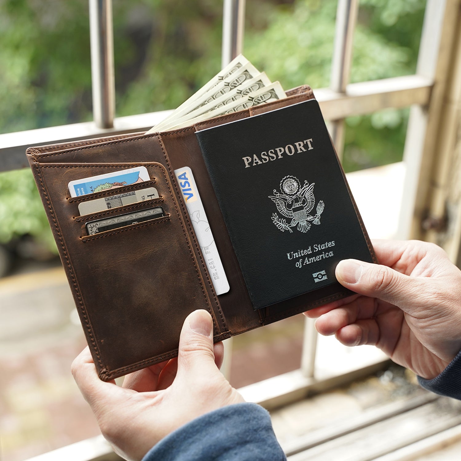 Polare Functional RFID Blocking Leather Passport Holder Travel Bifold  Wallet For Men