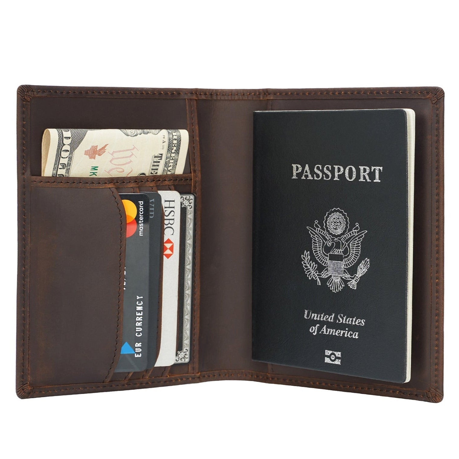 Polare RFID Blocking Leather Passport Holder Travel Bifold Wallet (Dark Brown)