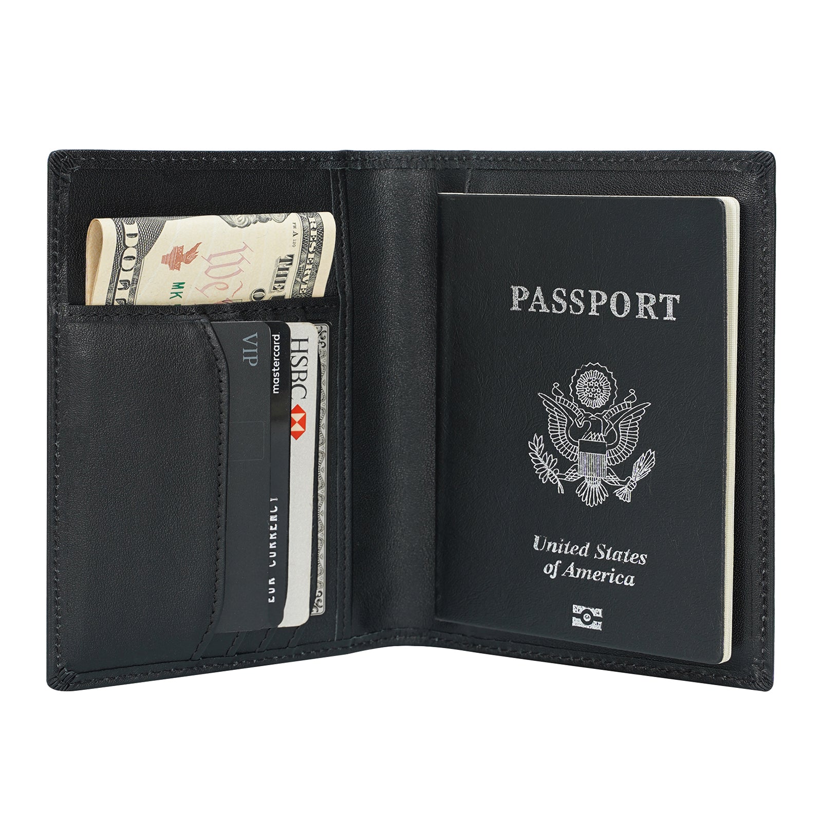 Polare RFID Blocking Leather Passport Holder Travel Bifold Wallet (Black)