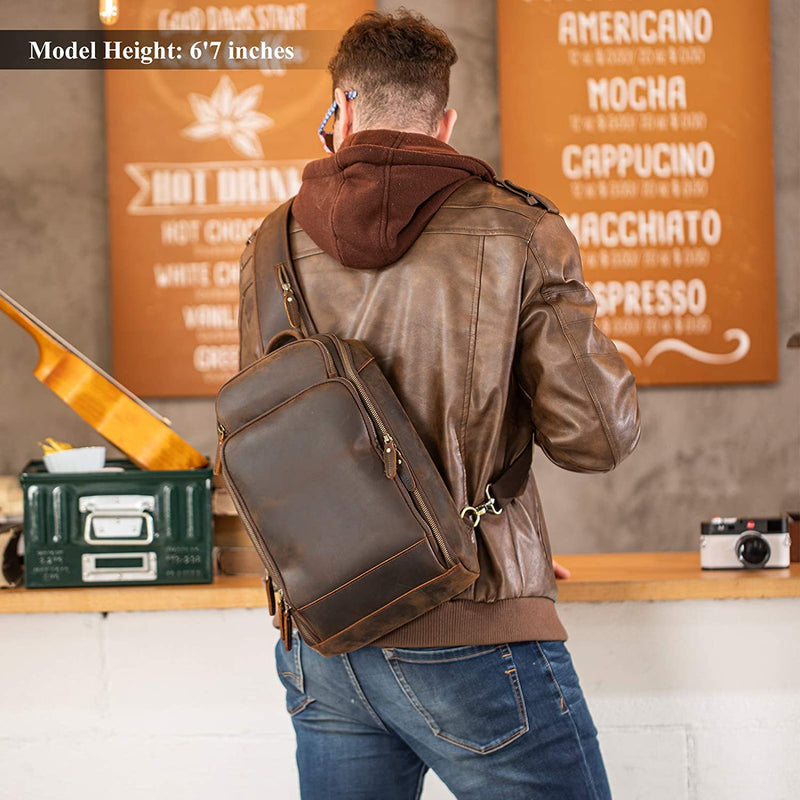 Polare Full Grain Leather Modern Style Sling Shoulder Bag Travel/Hiking Daypack (Dark Brown,Model Display)