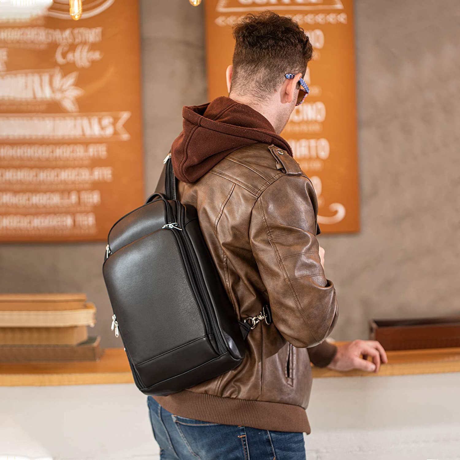 Polare Full Grain Leather Modern Style Sling Shoulder Bag Travel/Hiking Daypack (Black,Model Display)