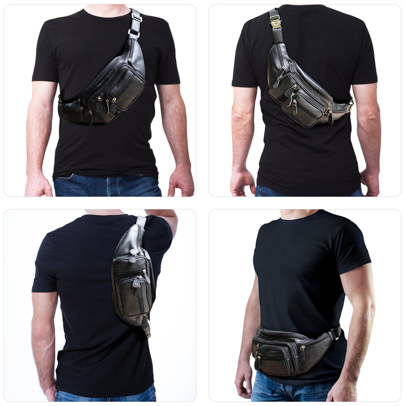 Polare Natural Leather Fanny Pack Waist Bag Black (Multiple Ways to Wear)