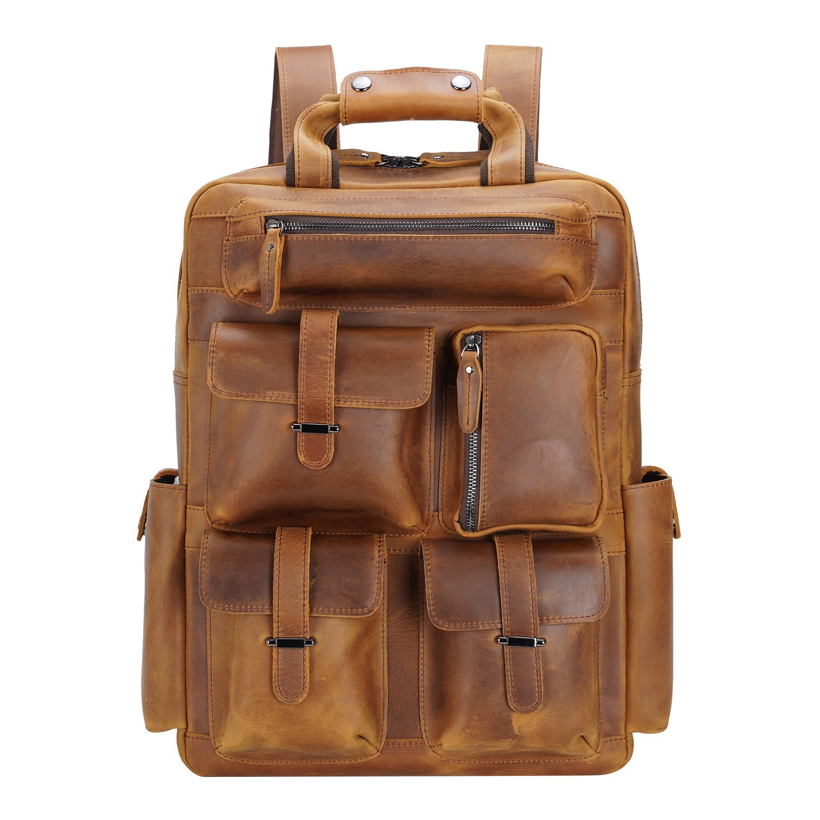 Polare Real Leather Vintage Laptop Backpack Shoulder Bag (Light Brown, Front)