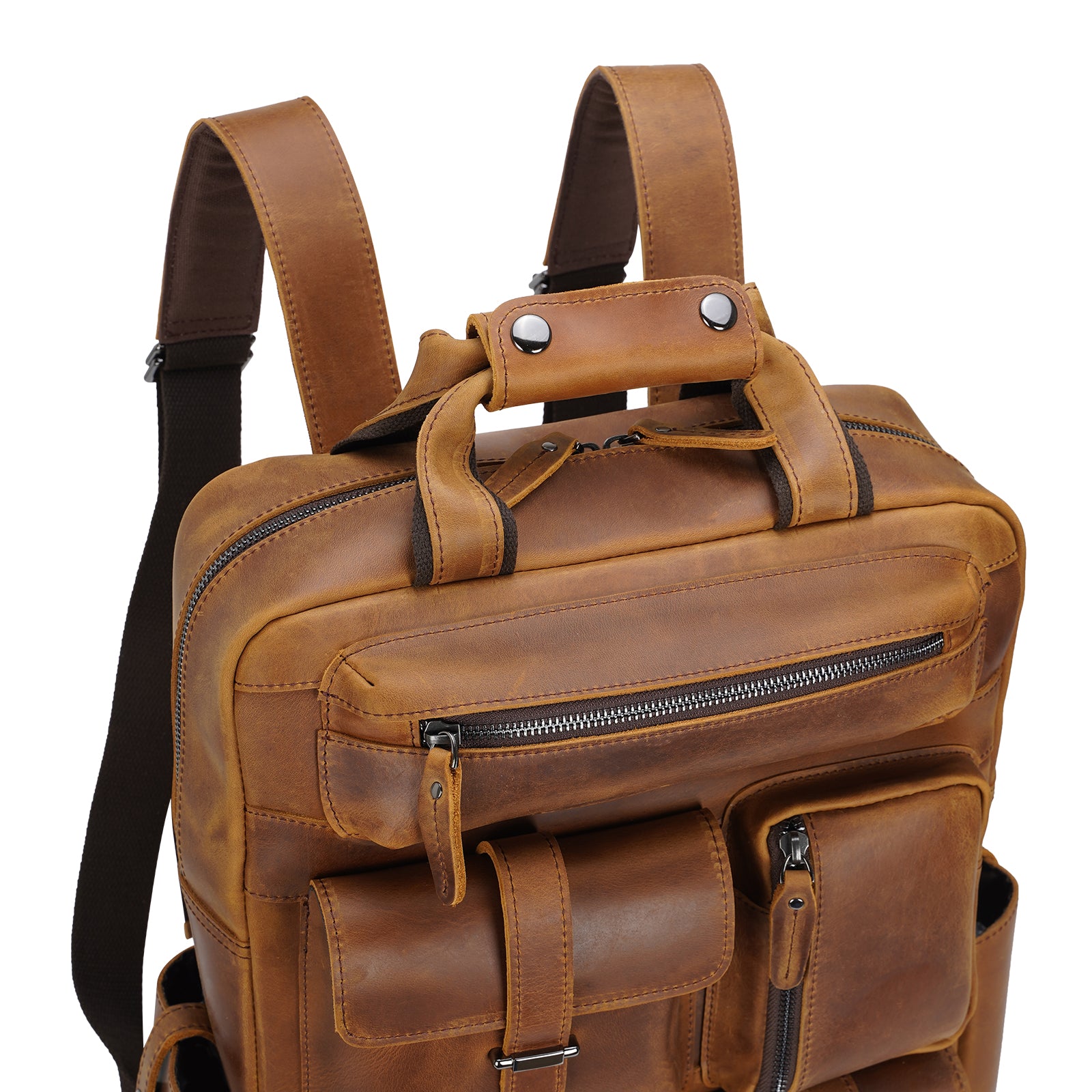 Polare Real Leather Vintage Laptop Backpack Shoulder Bag (Light Brown,Top)