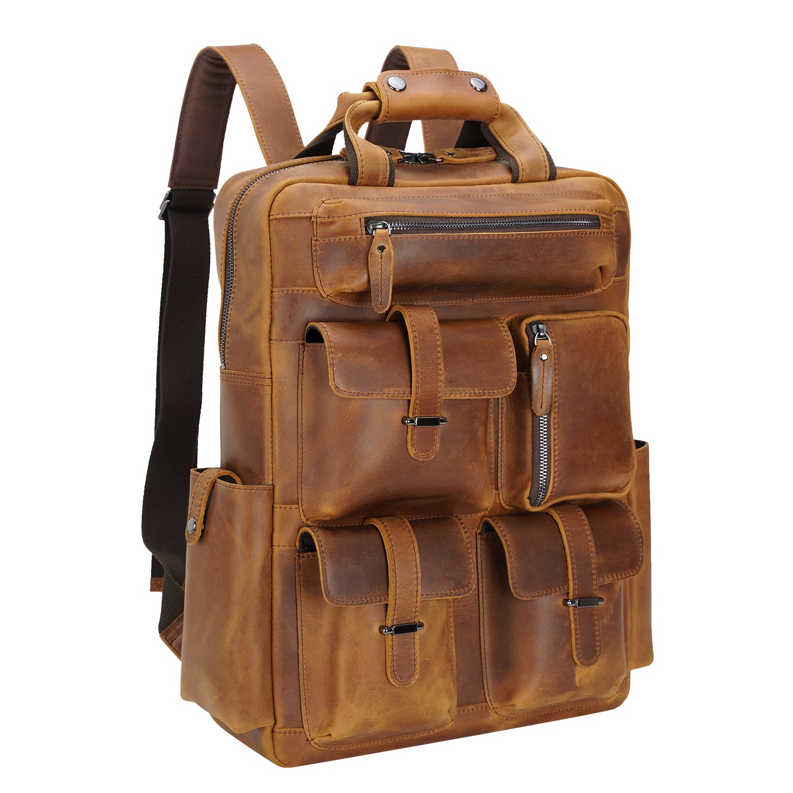 Polare Real Leather Vintage Laptop Backpack Shoulder Bag (Light Brown)