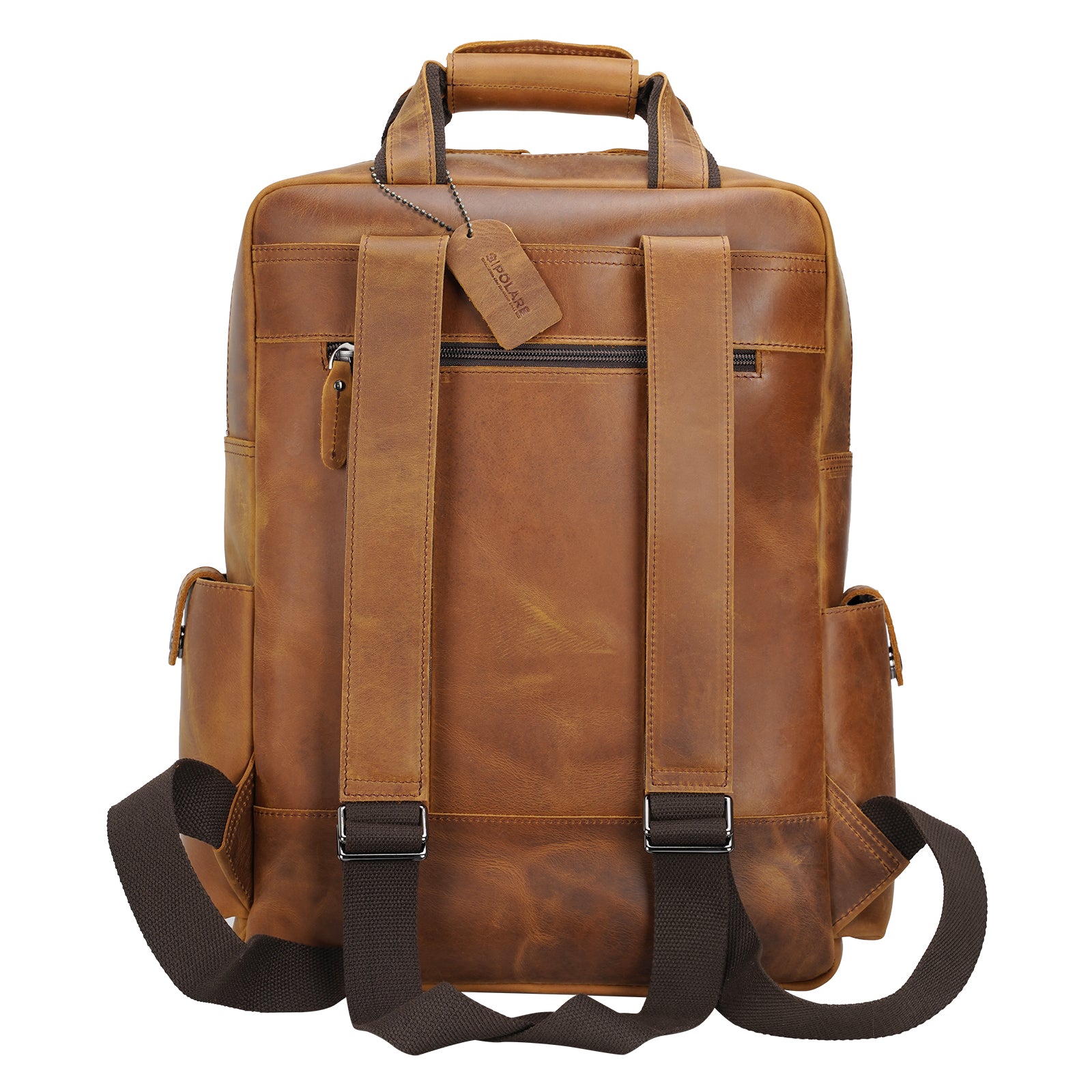 Polare Real Leather Vintage Laptop Backpack Shoulder Bag (Light Brown, Back)