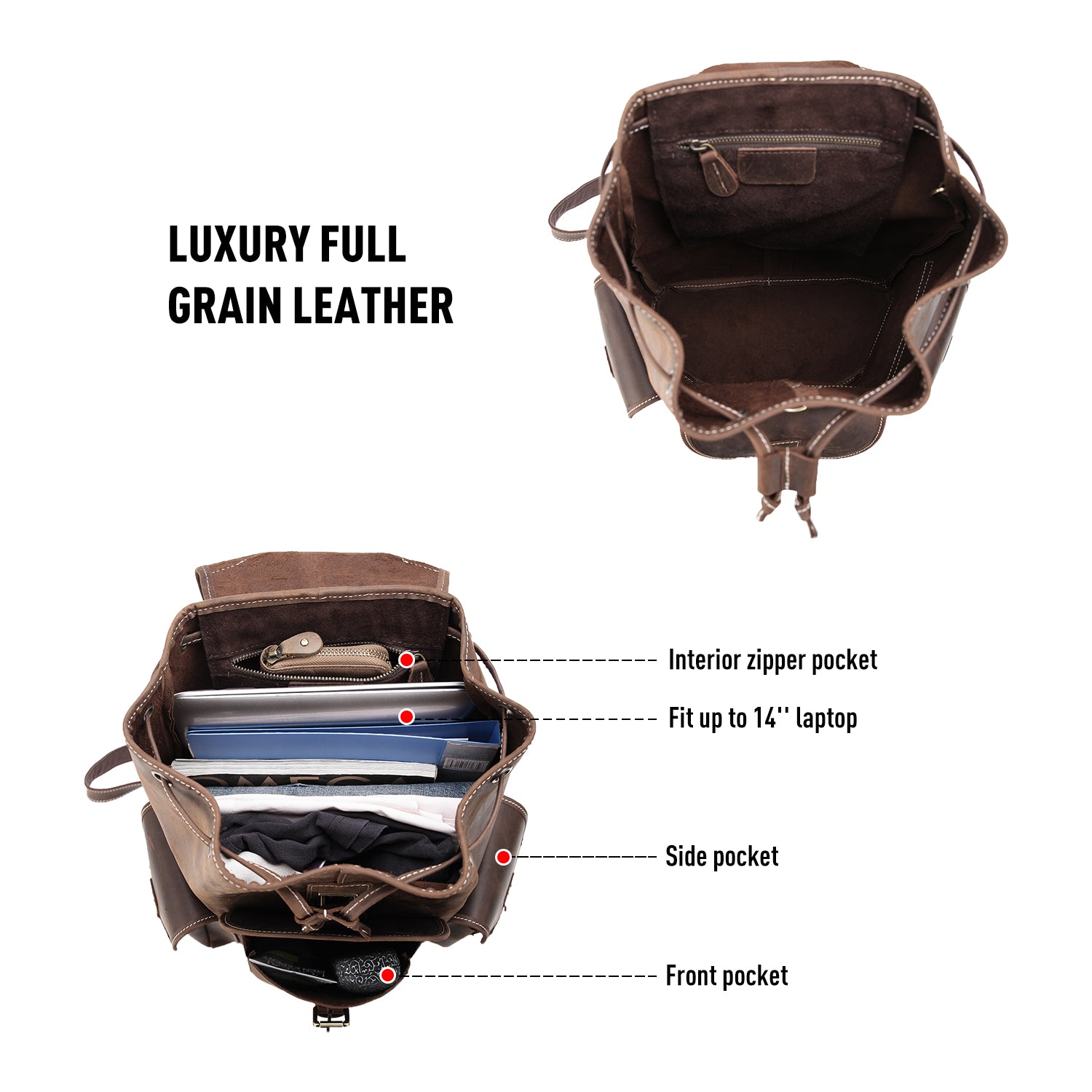 Polare Leather Backpack Vintage College Laptop Bag (Dark Brown, Inside)