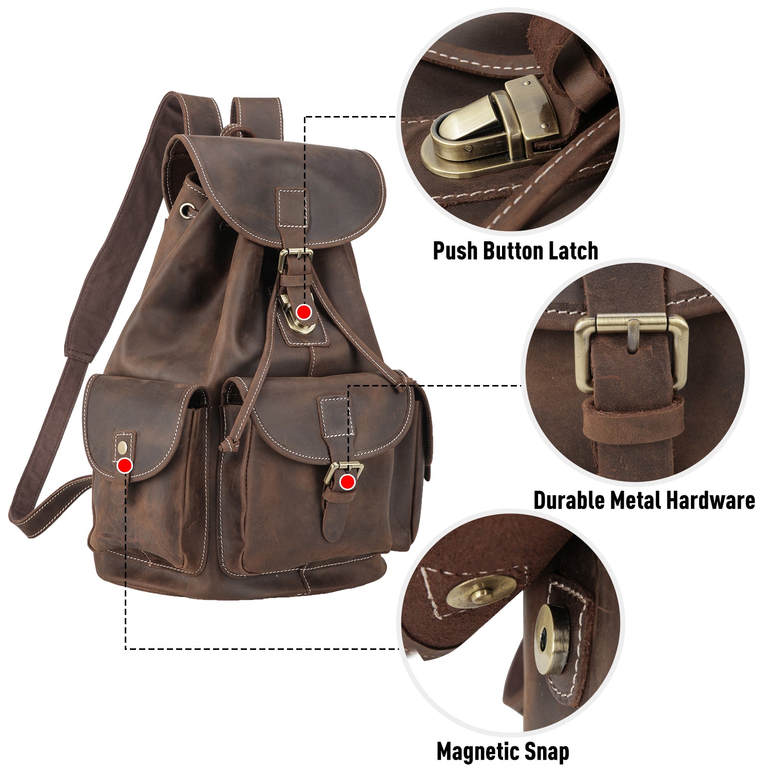 Polare Leather Backpack Vintage College Laptop Bag (Dark Brown, Hardware)