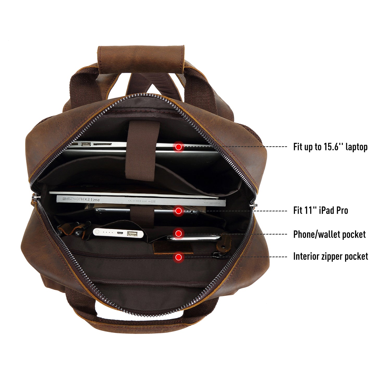 Polare Cowhide Leather Multiple Laptop Backpack (Dark Brown, Inside)