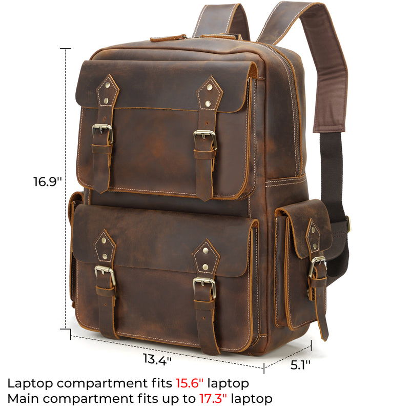 Polare Men's Full Grain Italian Leather Vintage Laptop Backpack (Dimension)