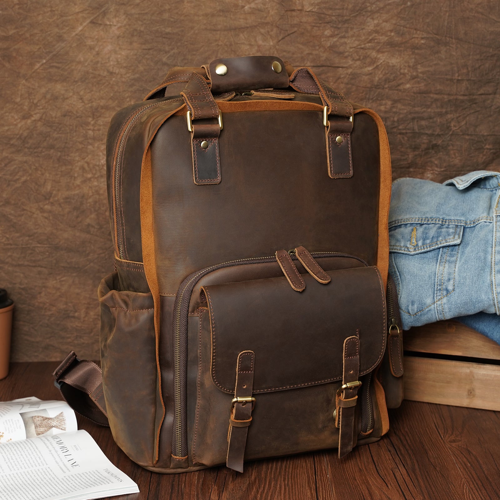 Polare Full Grain Italian Leather Backpack 15.6 Inch Laptop Bag Hiking Travel Rucksack (Scenario Shows)