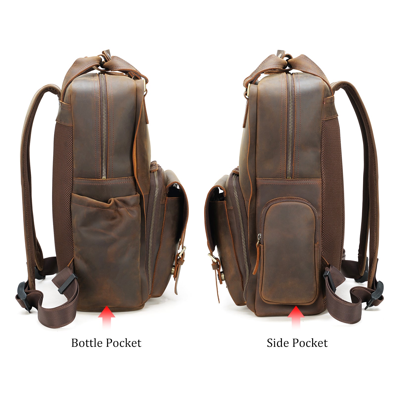 Polare Full Grain Italian Leather Backpack 15.6 Inch Laptop Bag Hiking Travel Rucksack (Side Pockets)