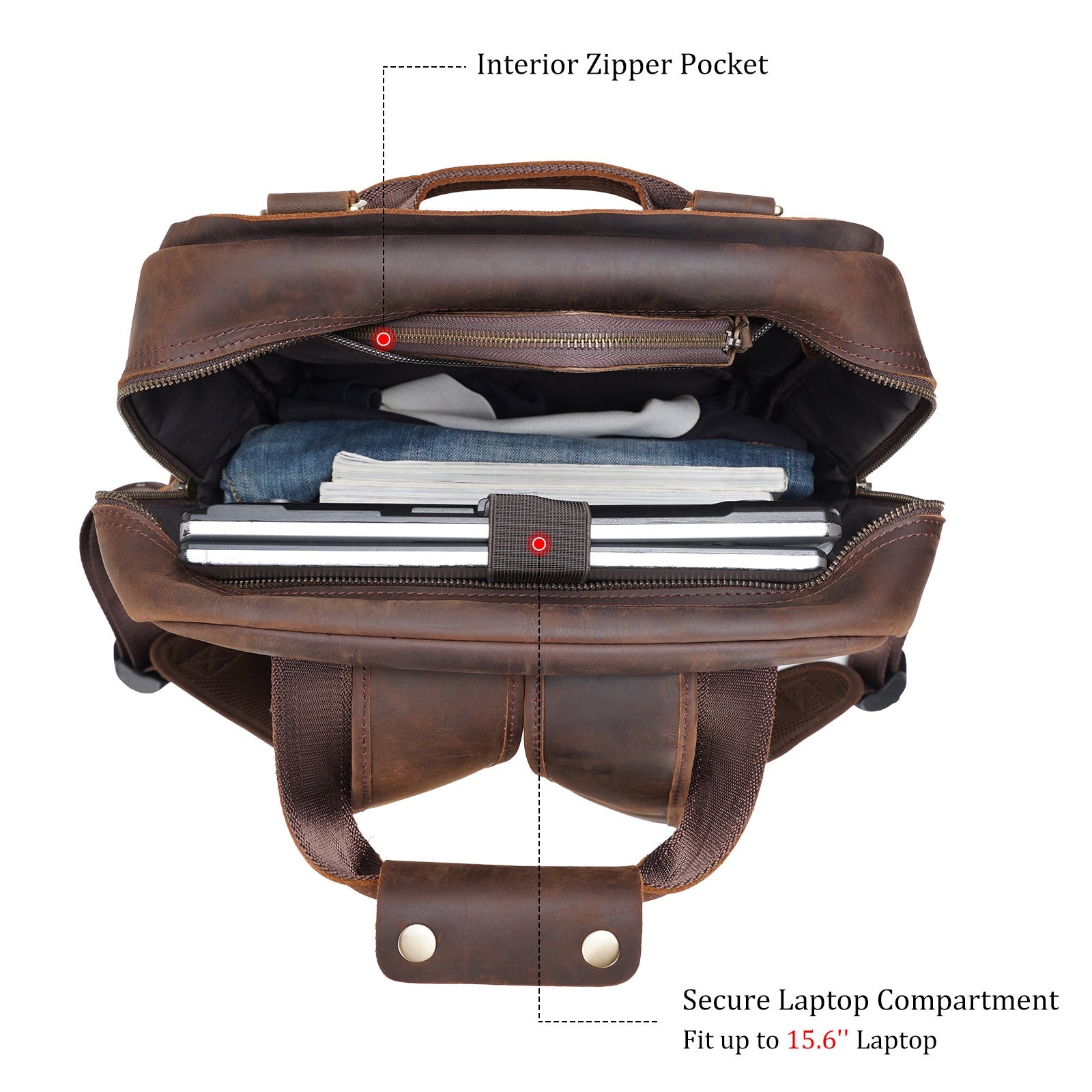 Polare Full Grain Italian Leather Backpack 15.6 Inch Laptop Bag Hiking Travel Rucksack (Inside)