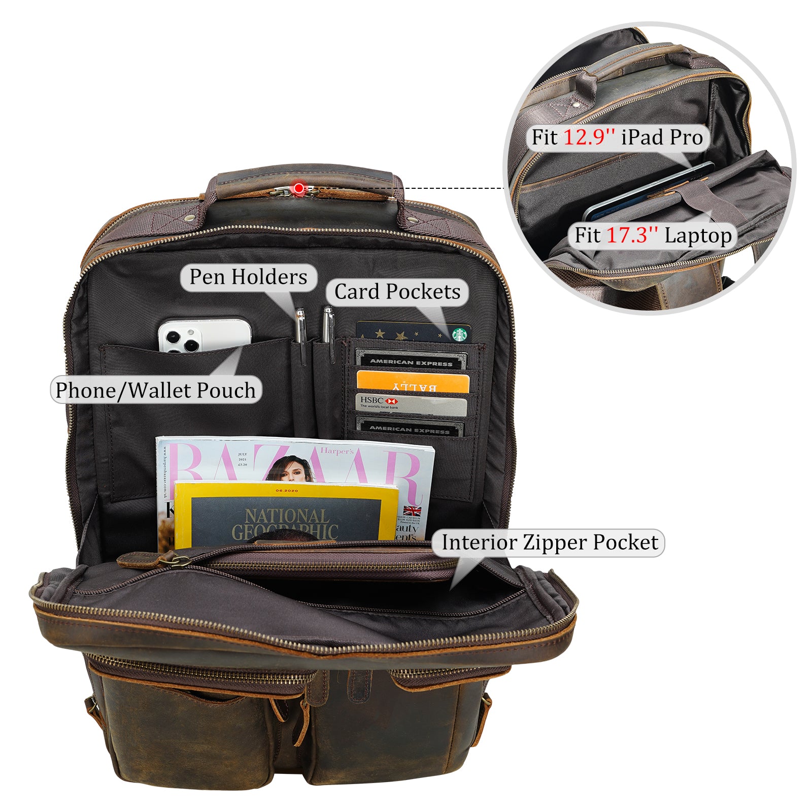 Polare Full Grain Leather Backpack Business Travel DayPack (Inside)